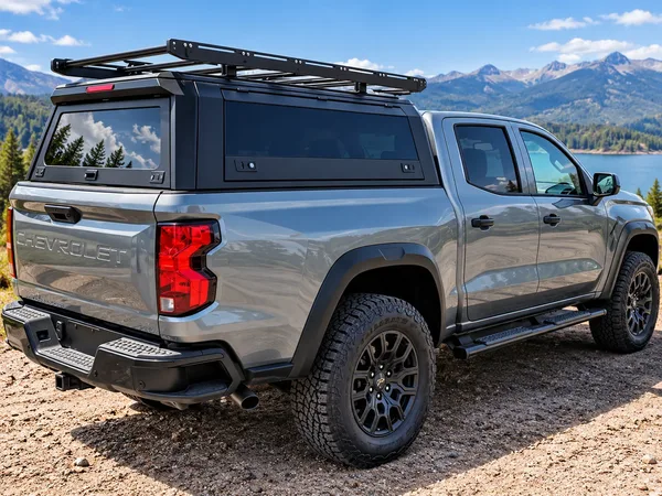 Aluminum truck topper with roof rack on a grey midsize pickup, rear three-quarter view