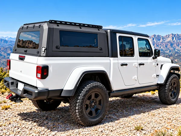 Aluminum truck topper on a white Jeep Gladiator in the mountains