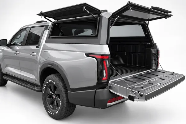 Aluminum truck topper with all three doors open — rear and both side doors