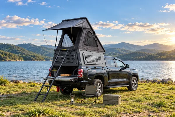 Black integrated pop-up canopy with ladder, tent open by a lake