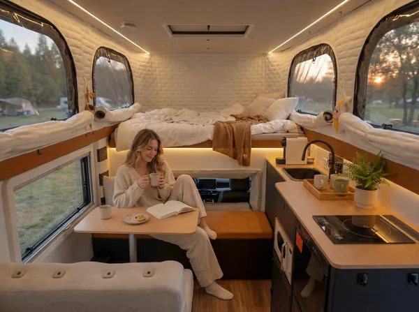 Relaxing inside a warm-lit slide-in camper