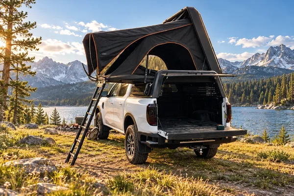Stealth pop-up topper open by a mountain lake, ladder down