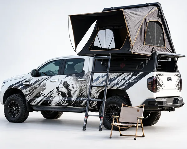 Stealth pop-up topper with ladder and tent open, studio side view